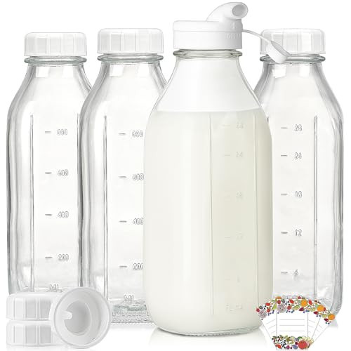 Liter Glass Milk Bottles w Scale, 100% Airtight Heavy Duty Screw Lid - 4 Pack 32 Oz Drinking Jars w Lids - Glass Bottles for Milk, Honey, Jam - Dishwasher Safe(Extra 2 Lids and 1 Pour Spout) | Amazon (US)