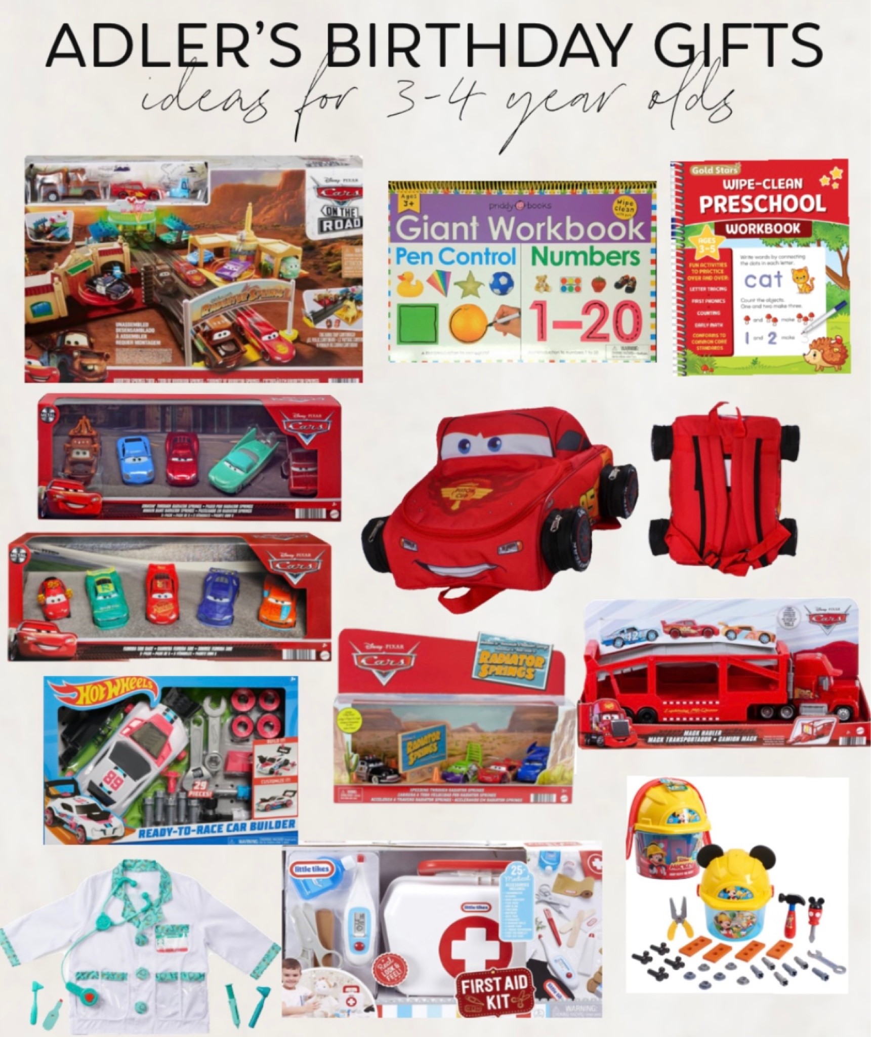 Birthday gift ideas for 3-4 year olds ❤️
.
.
.
.
#toddlerbirthdaygift #giftideasfortoddlers #toddlerbirthday #disneycars #disneycarstoys #hotwheels #giftsforboys #lightningmcqueen #carsbackpack #toddlerbackpack #toddlertoys #toddlerworkbook #prek #mickeytoys #doctorkit #littletikes 

#LTKfamily #LTKunder50 #LTKkids