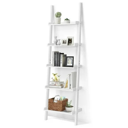 Costway Versatile White 5-Tier Bookshelf Leaning Wall Shelf Ladder Bookcase White | Walmart (US)