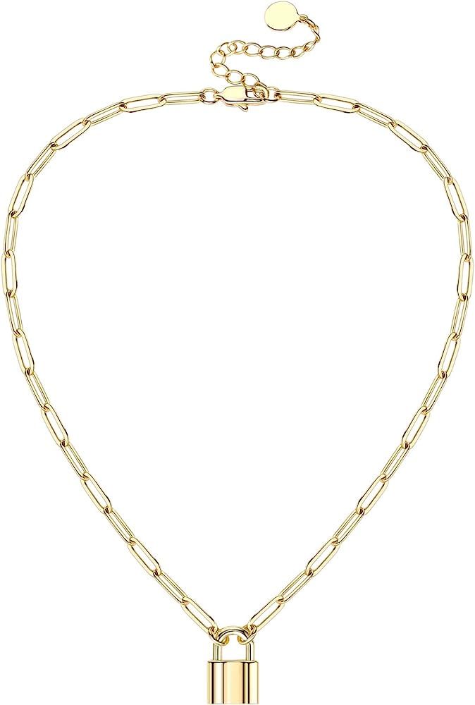 Padlock Necklace for Women | 14K Gold Plated Paperclip Chain Lock Pendant for Girls | Amazon (US)