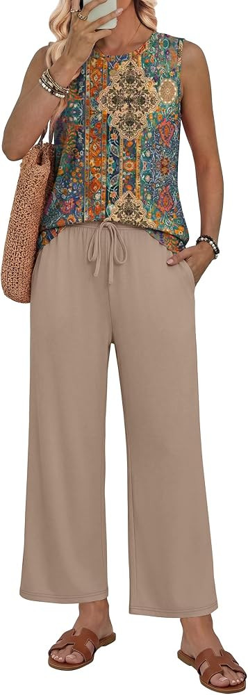 WIHOLL Two Piece Sets for Women Summer Vacation Outfits 2026 Airport Cruise Loose Sleeveless Tops... | Amazon (US)