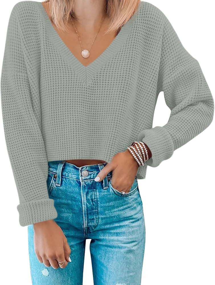 MIROL Women's Waffle Knit Cropped Top V Neck Long Sleeve Pullover Sweater Casual Solid Crop Sweat... | Amazon (US)