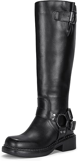 Women's Knee High Riding Boots, Square Toe Buckle Harness Style | Amazon (US)
