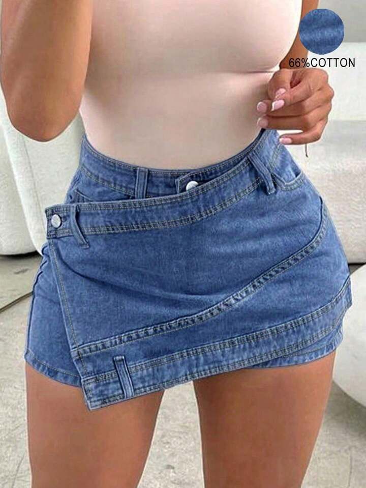 Y2K Street Vintage Contrast Top-Stitching Overlap Waist Stretchy Wrapped Asymmetrical Hem A-Line Skinny Cargo Denim Mini Skort Music Festival | SHEIN