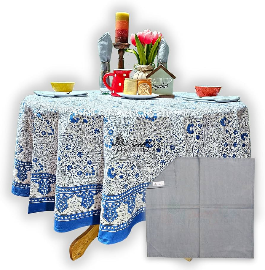 Sweet Us Princess Paisley Floral Cotton Block Print Tablecloth and One Gray Napkin, Floral Kitche... | Amazon (US)