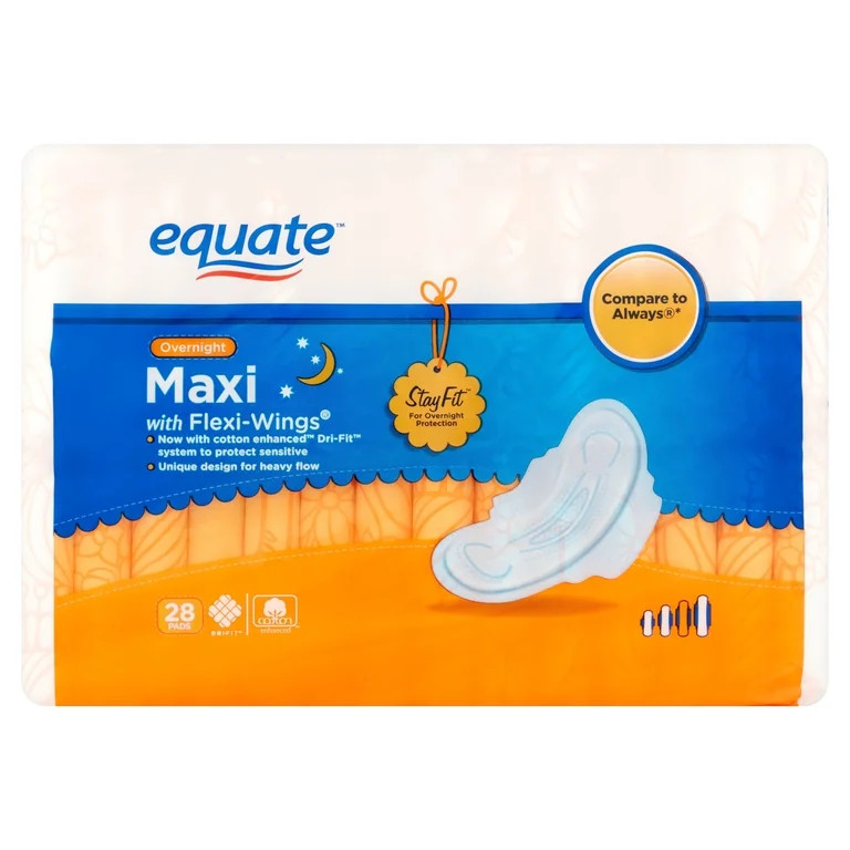 Equate Maxi Pads with Wings, Overnight, Unscented, 28 ct | Walmart (US)