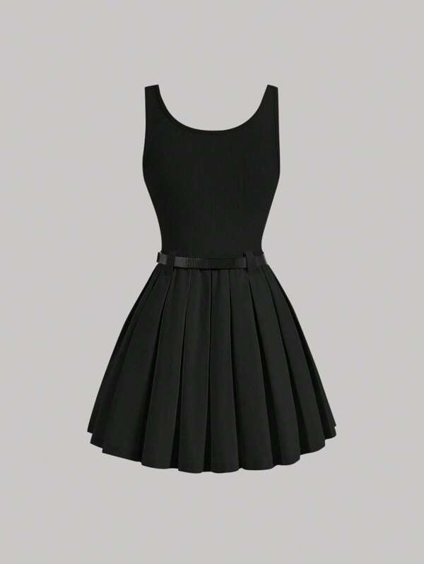 SHEIN MOD Solid Pleated Hem Belted Dress | SHEIN