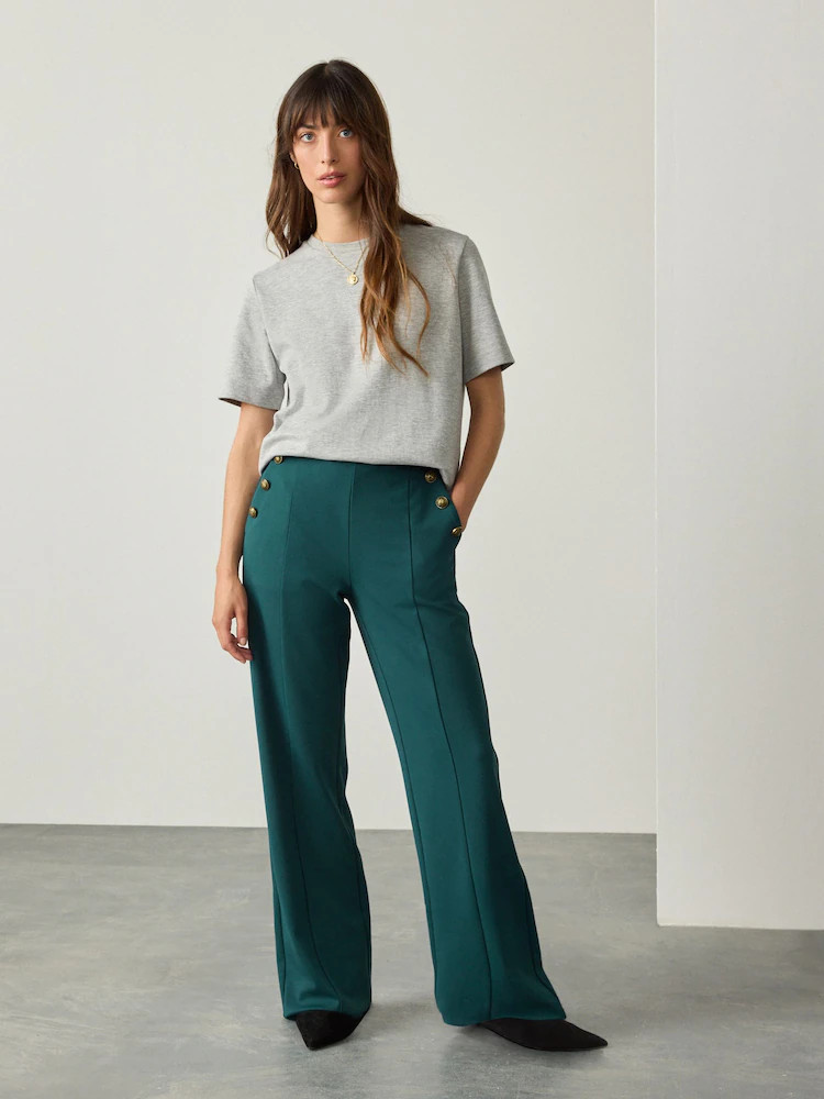 Blauwgroen - Ponte Broek met Wijde pijpen en goudkleurige knoopdetails | Next EU