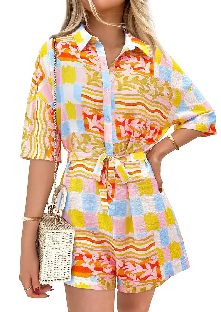 PRETTYGARDEN Womens Rompers for Summer 2025 Beach Vacation Clothes Short Sleeves Floral Jumpsuits... | Amazon (US)