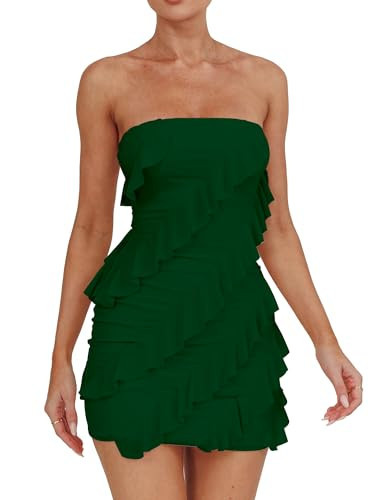 HOCILLE Women's Sexy Strapless Tube Top Bodycon Sleeveless Ruffle Mini Party Dress, Large, Dark Green | Amazon (US)