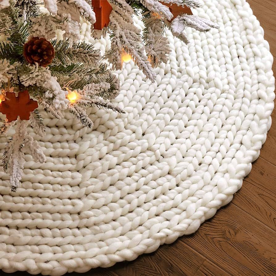 Amazon.com: LimBridge Knitted Christmas Tree Skirt: 48 Inches Crochet Cream White Tree Skirt, Chu... | Amazon (US)