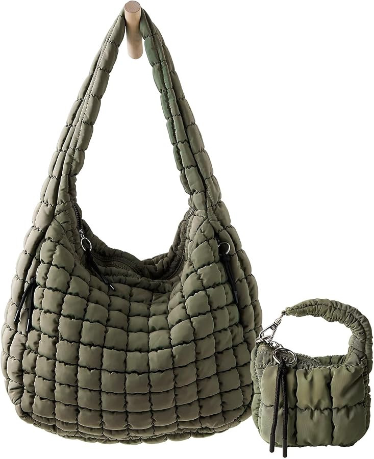 Large Quilted Puffer Tote Bag for Women with Mini Pouch Puffy Crossbody Bags Purse Hobo Puff Shou... | Amazon (US)