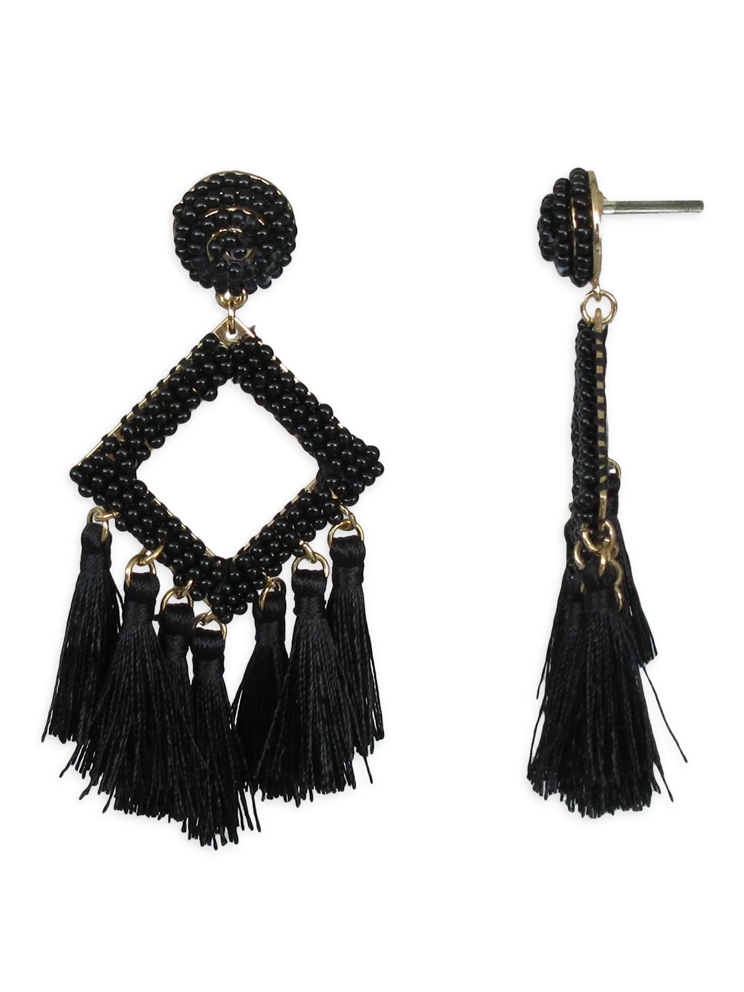 Time and Tru Women's Black Seed Beaded Tassel Drop Earrings | Walmart (US)