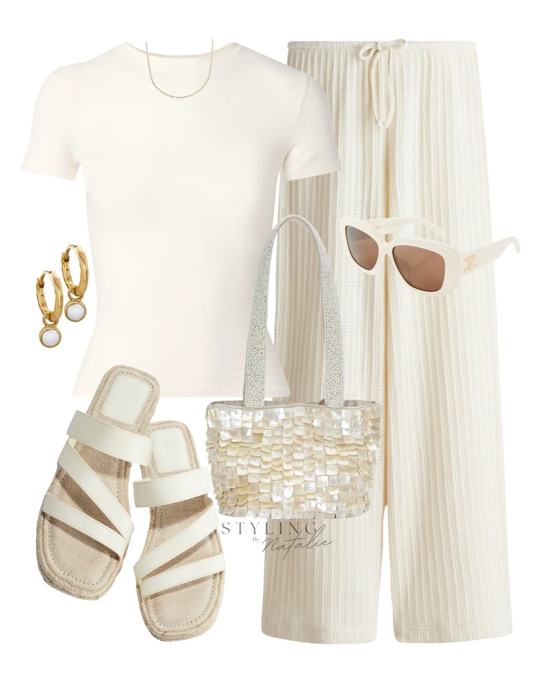Comfy casual chic 🤍 🐚 
White knit flowy trousers, skims t-shirt, espadrille flat sandals, pearl embellished handbag, Celine sunglasses, and white stone earrings. Neutral summer outfit, casual everyday style, comfy style, vacation, holiday look, H&M 

#LTKeurope #LTKuk #LTKsummer