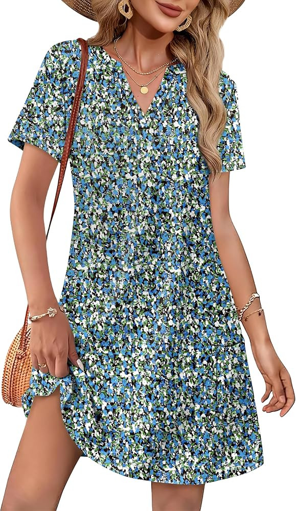 WIHOLL Dresses for Women 2025 Casual Summer V Neck Wedding Guest Dress Short Sleeve Fashion Beach... | Amazon (US)