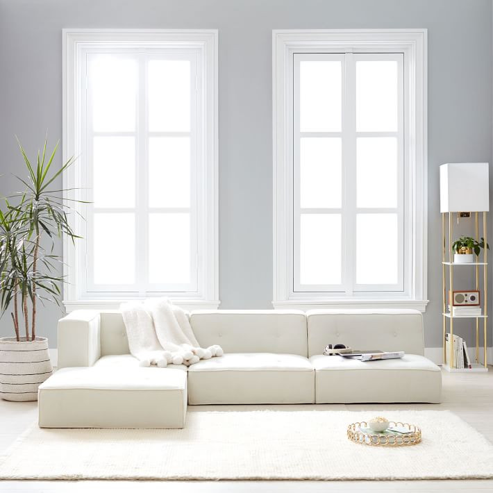 Cushy Piped Trim Super Sectional Set, Chenille Washed Ivory, QS In-home | Pottery Barn Teen