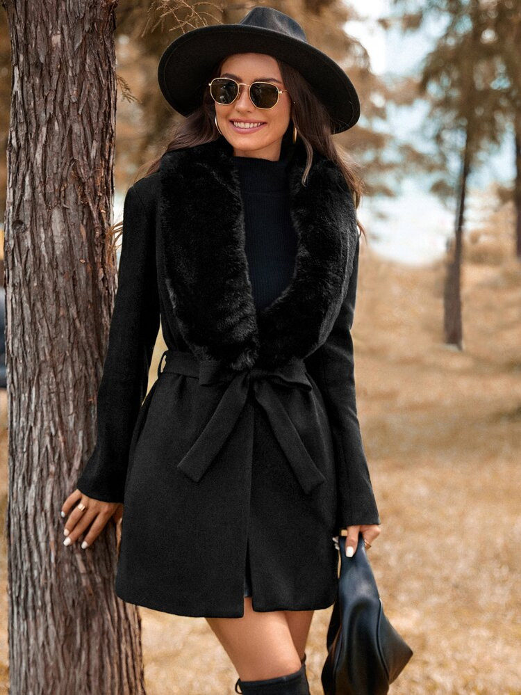Fuzzy Panel Belted Overcoat | SHEIN