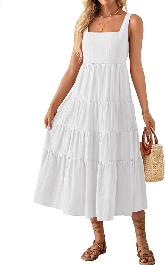ZESICA Women's 2024 Summer Sleeveless Dress Casual Backless Loose Flowy Tiered Sundress Beach Cov... | Amazon (US)