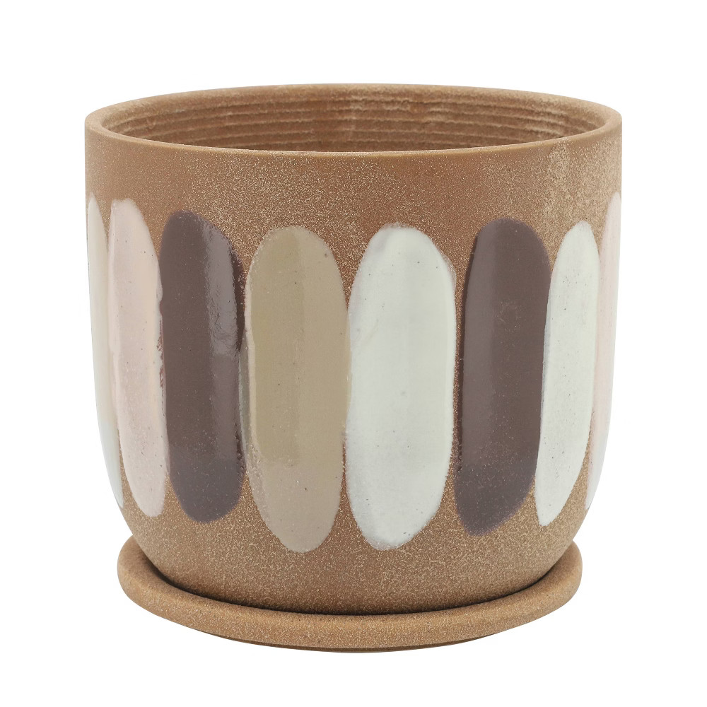 7"" Stripes Ceramic Planter with Saucer Tan - Sagebrook Home | Target