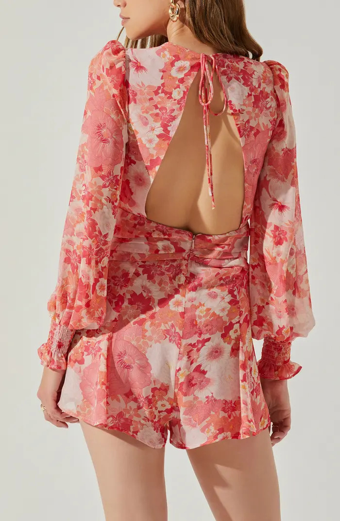 Floral Open Back Long Sleeve Chiffon Romper | Nordstrom