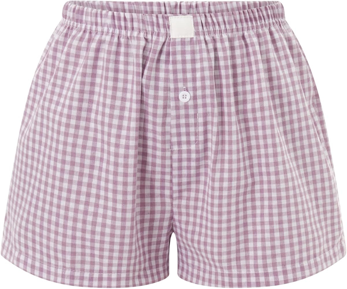 Meihuida Women Gingham Boxer Shorts Y2k Cute Stripes Plaid Button Elastic Waist Lounge Boxers | Amazon (US)
