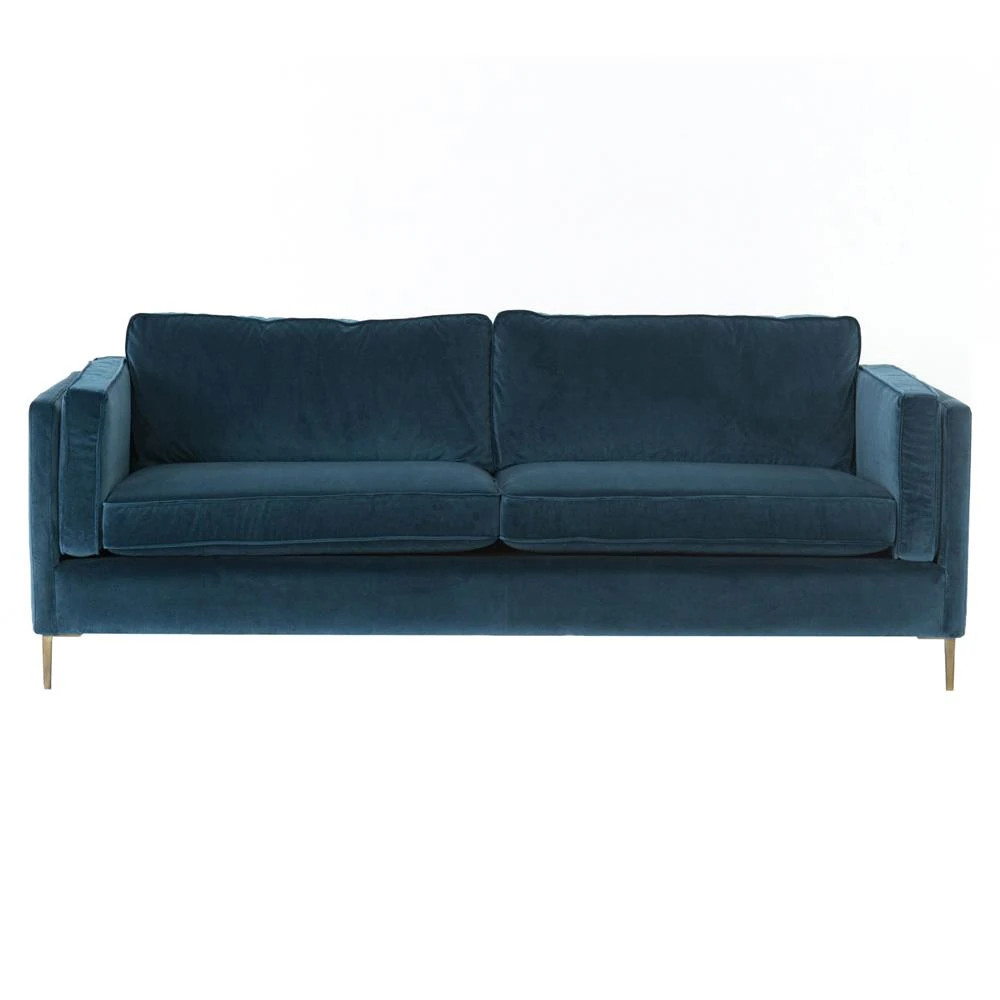 Nicholas Modern Classic Blue Upholstered Velvet Brass Aluminum Sofa - 84"W | Kathy Kuo Home