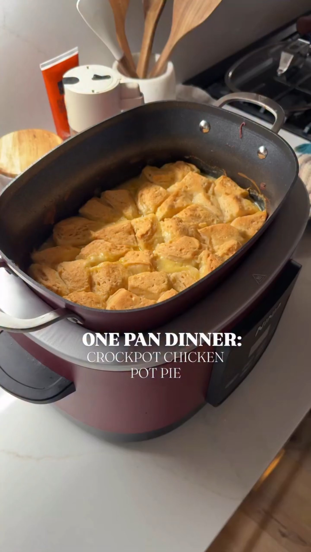 This was so easy and delicious!! Recipe below ❤️ don’t forget to save it 

Crockpot chicken pot pie:
(With this recipe we fed my family of 4 and had PLENTY of leftovers)
3 large chicken breasts 
Garlic powder, salt, pepper, oregano, paprika 
(Measure with your ❤️)
Half of a large white onion
One bag of frozen peas and carrots
One can of drained sweet corn
Mix together: one can of cream of celery, one can cream of chicken and 1/2 cup of chicken broth
Put over top and mix
Add about 1/4 of chicken broth on top just to simmer and keep edges from getting dry
Cook on low for 6 hours (or high for 4)
At about hour 5- quarter up your biscuits and place on top. Don’t push into mixture 
Let them cook additional hour
Once cooking is complete for the crock pot- put them in a 425 degree oven (check your crock pot bowl recommendations for this!! Make sure it can get this hot) for 20 minutes (or until browned how you prefer)

ENJOY!!
