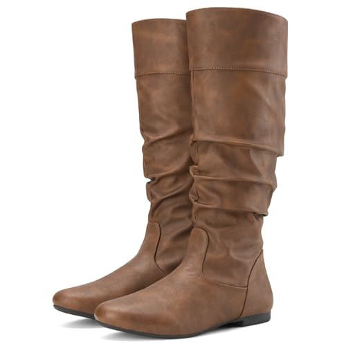 Rollda Women's Slouchy Knee High Boots Pull On Flat Boots Side Zipper Fall Boots for Women Dark Brown Size 11 | Amazon (US)