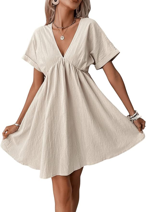 Verdusa Women's V-Neck Solid Batwing Sleeve Ruffle Hem Flowing Short Dress | Amazon (US)