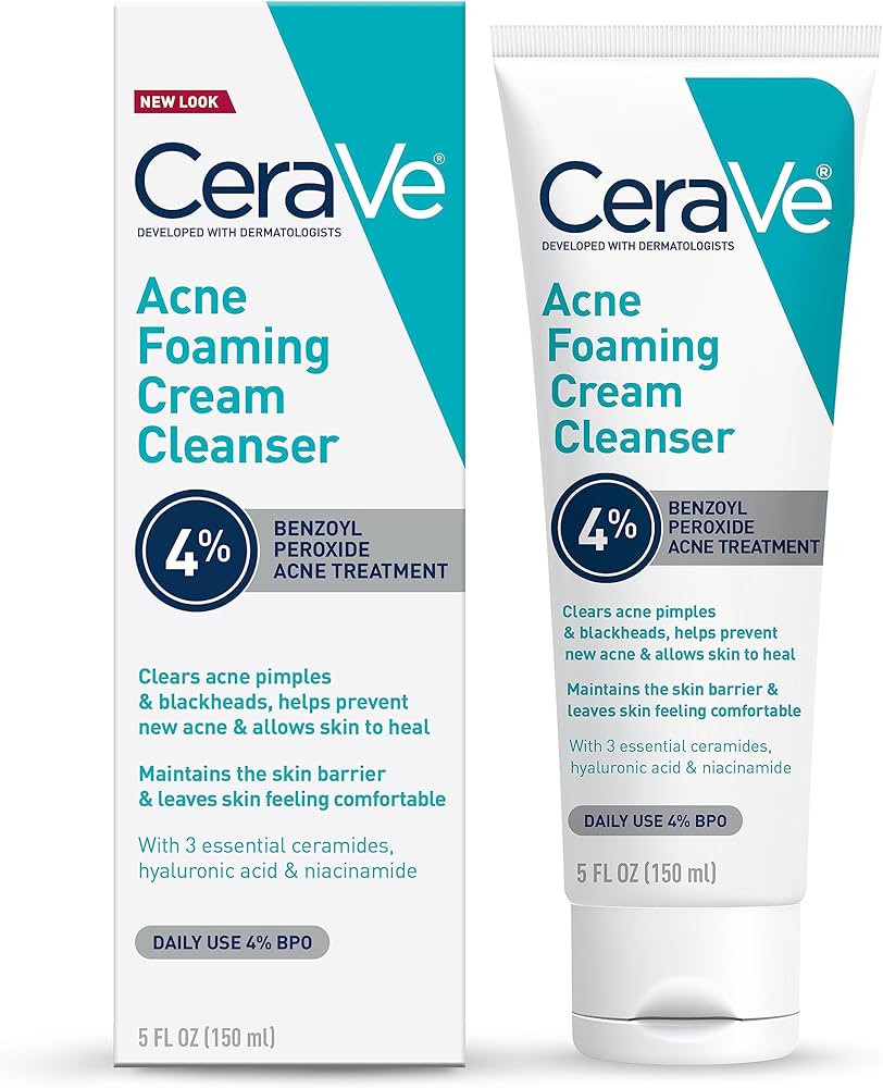 CeraVe Acne Foaming Cream Cleanser, 4% Benzoyl Peroxide Face Wash With Hyaluronic Acid, Niacinami... | Amazon (US)