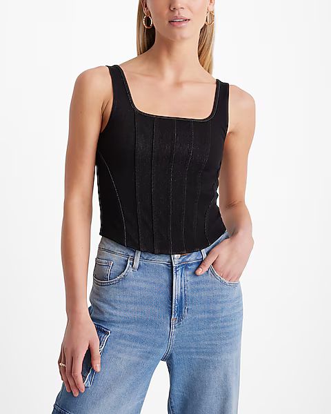 Body Contour Black Denim Square Neck Corset Cropped Tank | Express (Pmt Risk)