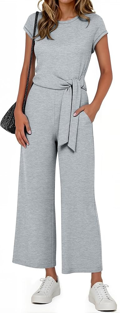 ANRABESS Women 2 Piece Outfits 2026 Summer Lounge Sets Cap Sleeve Tie Waisted Top Wide Leg Pant A... | Amazon (US)