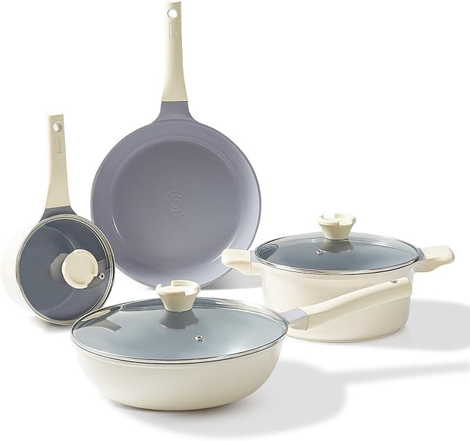 Redchef Ceramic Pots and Pans Set - 7-Piece White Nonstick Kitchen Cookware Sets with Glass Lid -... | Amazon (US)
