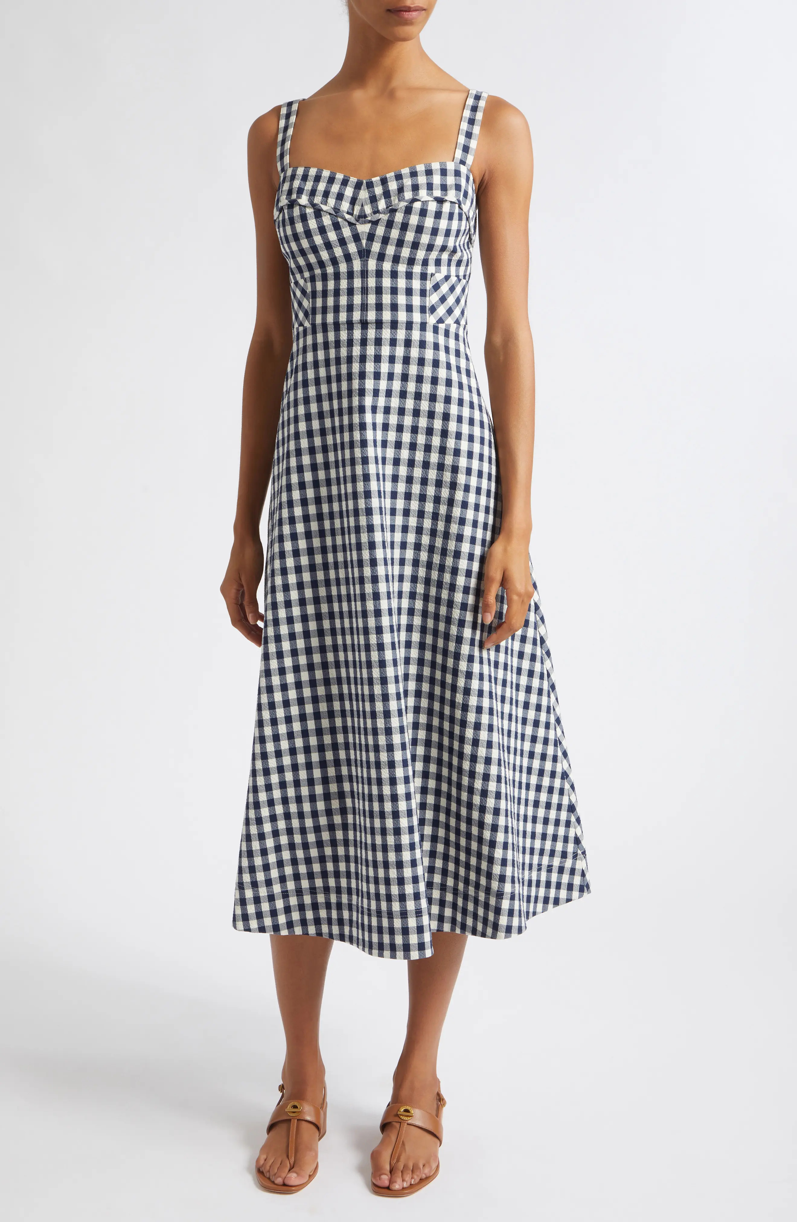 Veronica Beard Aila Gingham Check Midi Dress in Navy Dove at Nordstrom, Size 12 | Nordstrom
