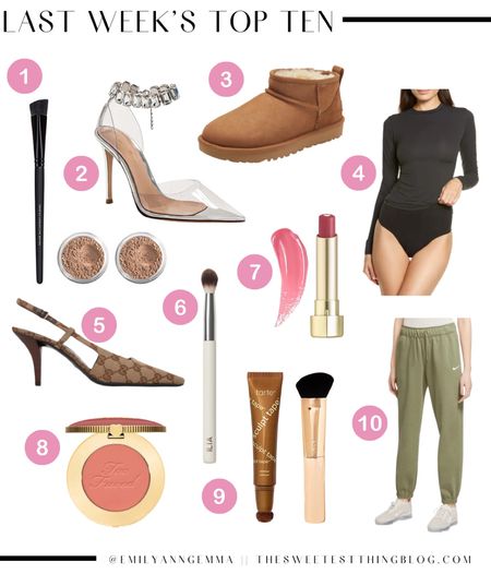 Last week’s top sellers, emily Ann Gemma best sellers, bare minerals concealer, bare minerals triangle brush, Ugg boots, Gianvito Rossi, rhinestone heels, skims t-shirt, Nike sweatpants, makeup favorites, too faced blush,  contour kit, Gucci heels, ilia makeup brush, emily Ann Gemma 