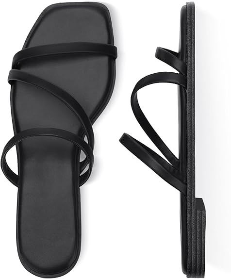 LACUONE Strappy Flat Sandals For Women Slip On Square Open Toe Slides Sandals | Amazon (US)