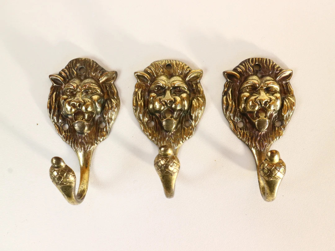 Set of 3 Lion Head Brass Antique Coat Hooks Wall Hook Wall - Etsy | Etsy (US)
