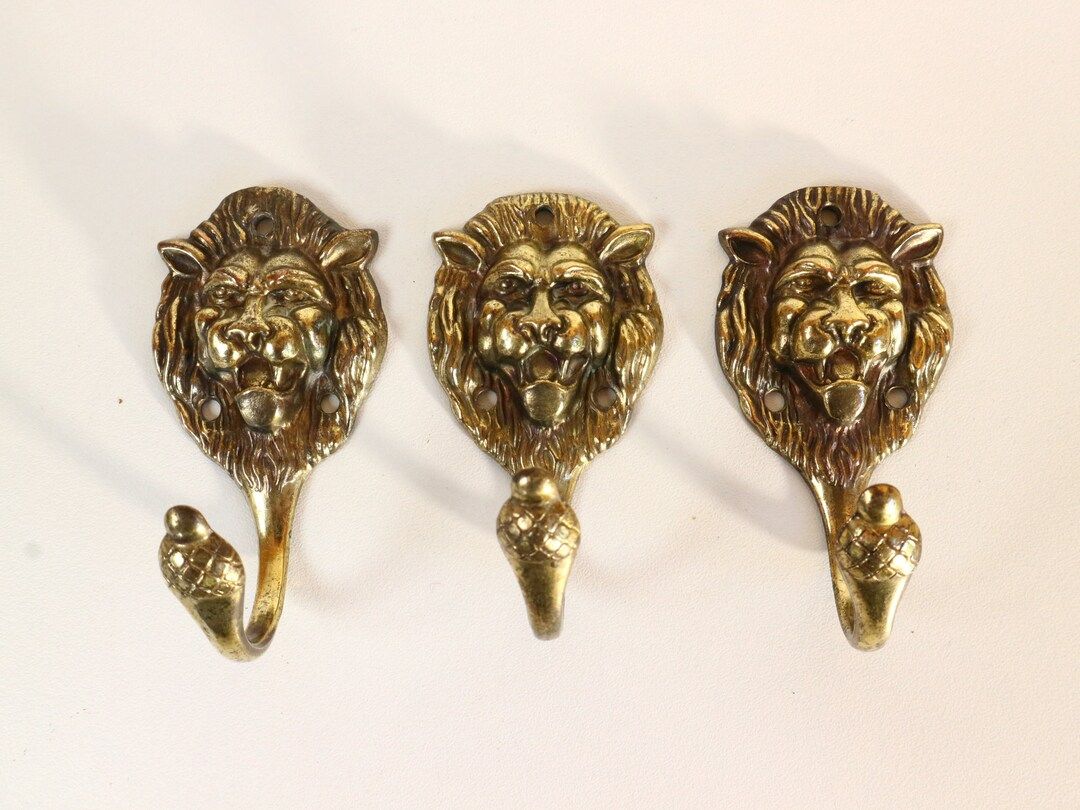 Set of 3 Lion Head Brass Antique Coat Hooks Wall Hook Wall - Etsy | Etsy (US)