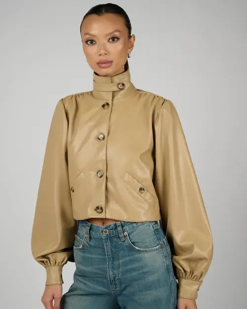 WeWoreWhat Balloon Sleeve Stand Collar Jacket in Taupe at Nordstrom, Size Medium | Nordstrom