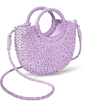Mini Semi-circle Rattan Straw Bag, Hand-woven Women Summer Retro Beach Tote Shoulder Bag Crossbod... | Amazon (US)