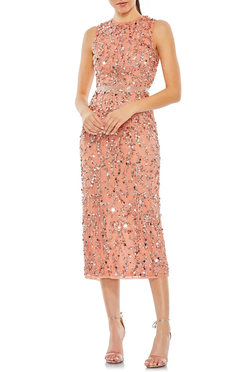 Sequin High Neck Tulle Sheath Midi Dress | Nordstrom