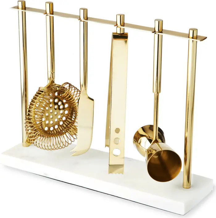4-Piece Bar Tool Set in Gold with Marble and Stainless Steel Stand | Nordstrom