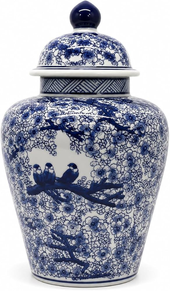 12.5 in Blue and White Porcelain Floral Temple Ginger Jar Vase, China Qing Style (Blue Bird), Med... | Amazon (US)