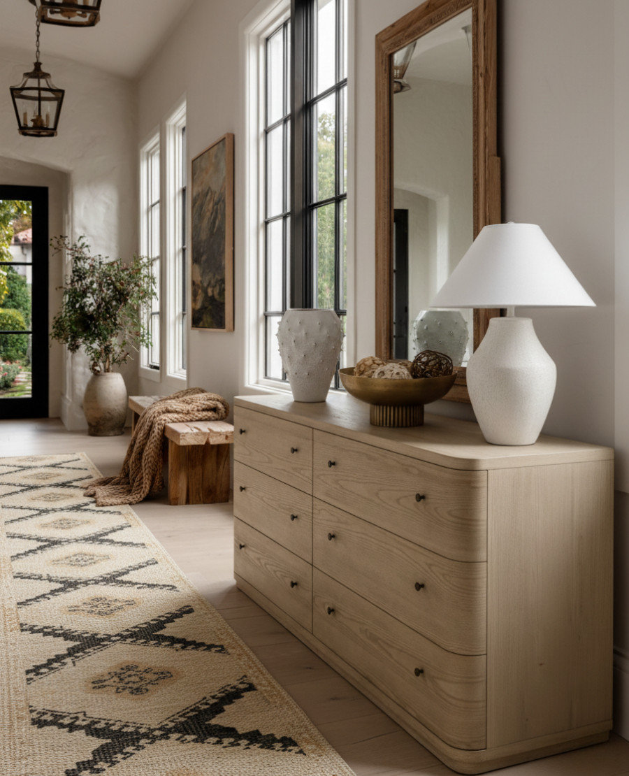 A welcoming foyer that sets the tone for the entire home. Calm, warm, and effortlessly refined. The soft wood tones of the dresser pair beautifully with the natural woven runner, bringing texture and comfort underfoot. Ceramic vases, a brass bowl, and a sculptural lamp create visual interest while keeping the look timeless. The oversized wood mirror adds depth and reflects natural light, while greenery and art give the space life and personality.

Shop the look:
Light oak dresser | Woven jute runner rug | Oversized wood mirror | Ceramic table lamp | Textured vases | Brass decorative bowl | Wood entry bench | Framed landscape art | Greenery in floor vase | Neutral entryway decor 

Black Friday 

 #LTKStyleTip

#LTKSaleAlert #LTKHome #LTKCyberWeek