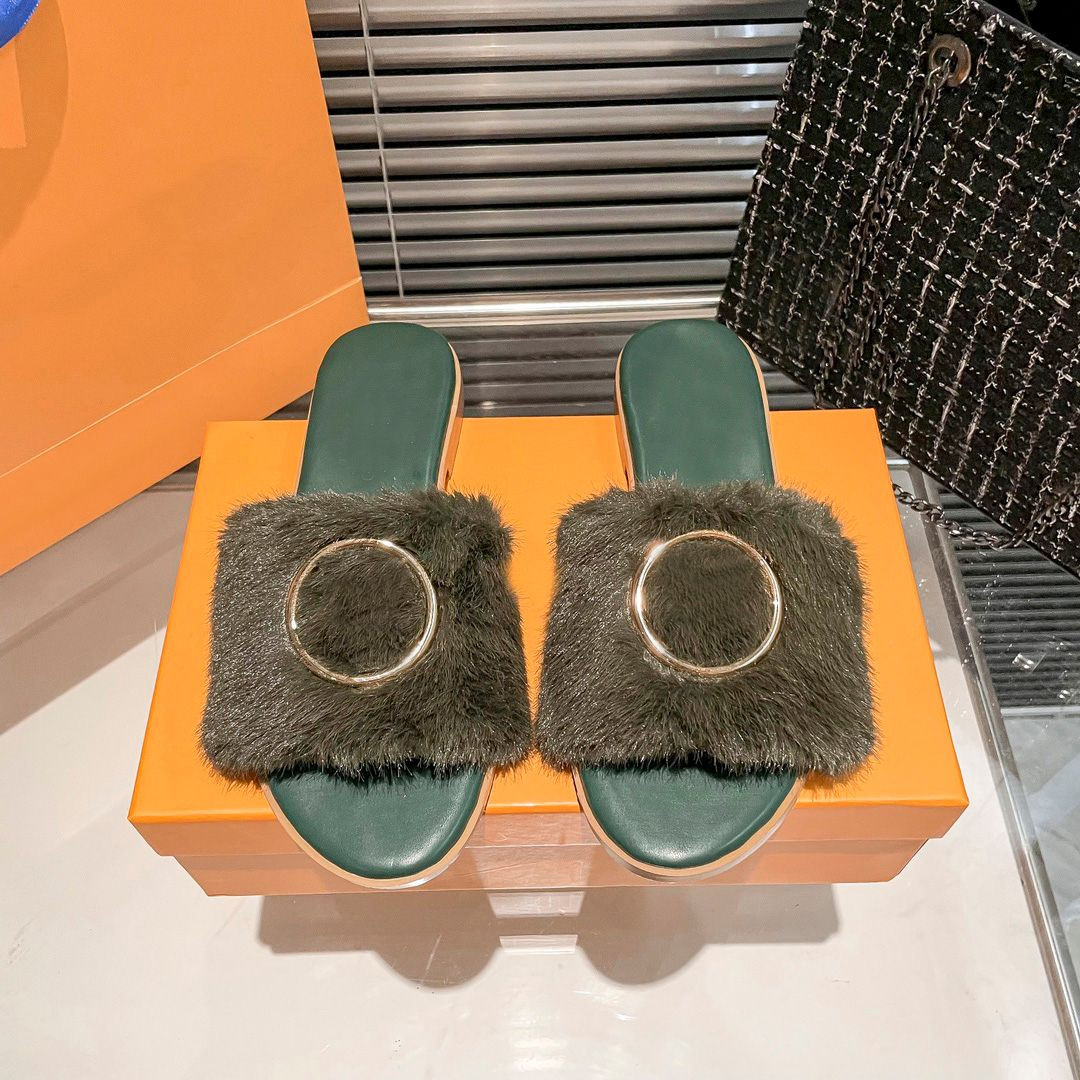 dapu new one word slippers plush ladies sandal slippers designer flat metal letter slippers girls... | DHGate