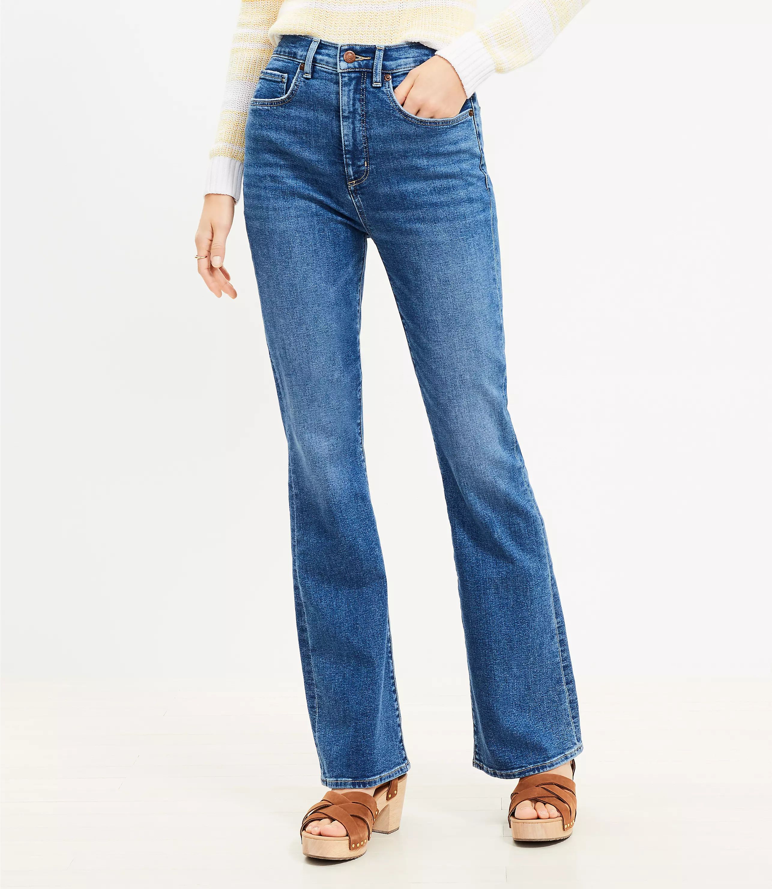 High Rise Slim Flare Jeans in Refined Mid Indigo Wash | LOFT
