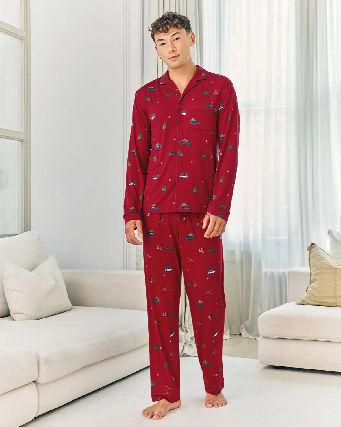 TENCEL™ Modal Christmas Tree Car Print Long Button Up Pyjama Set | Chelsea Peers NYC