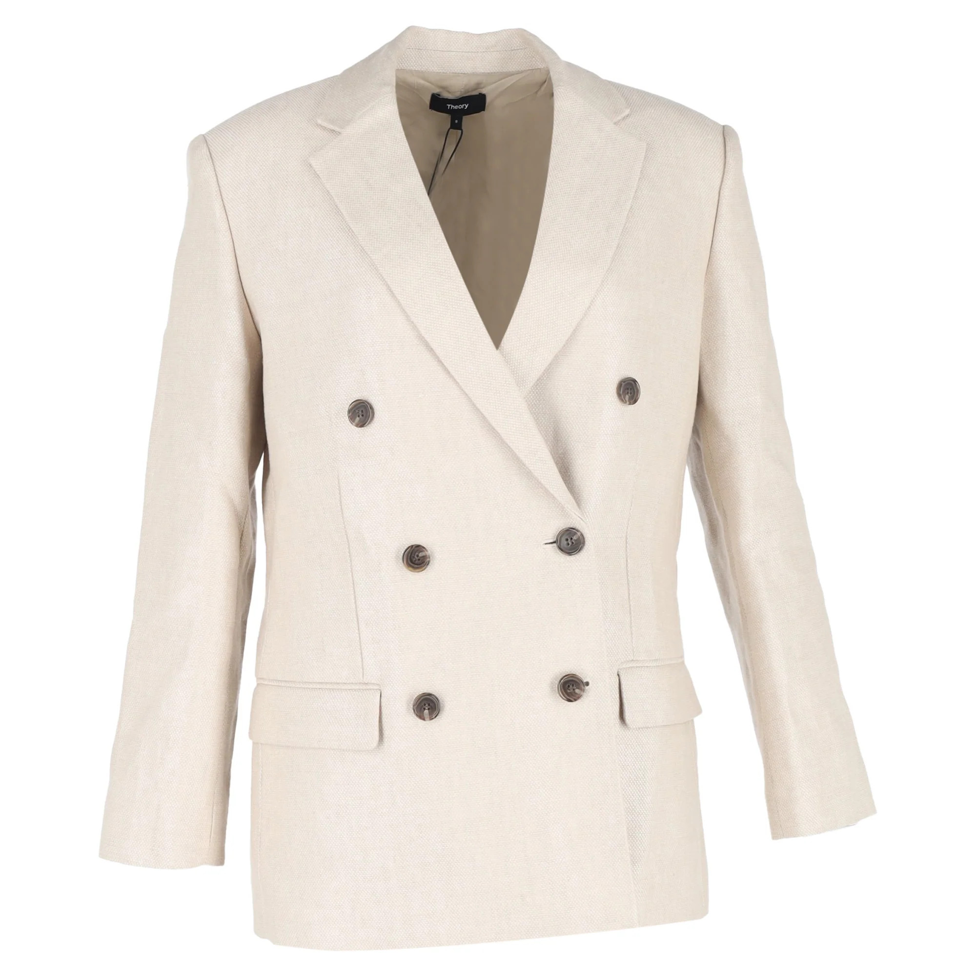 Theory Double-Breasted Blazer in Beige Linen | Shop Simon