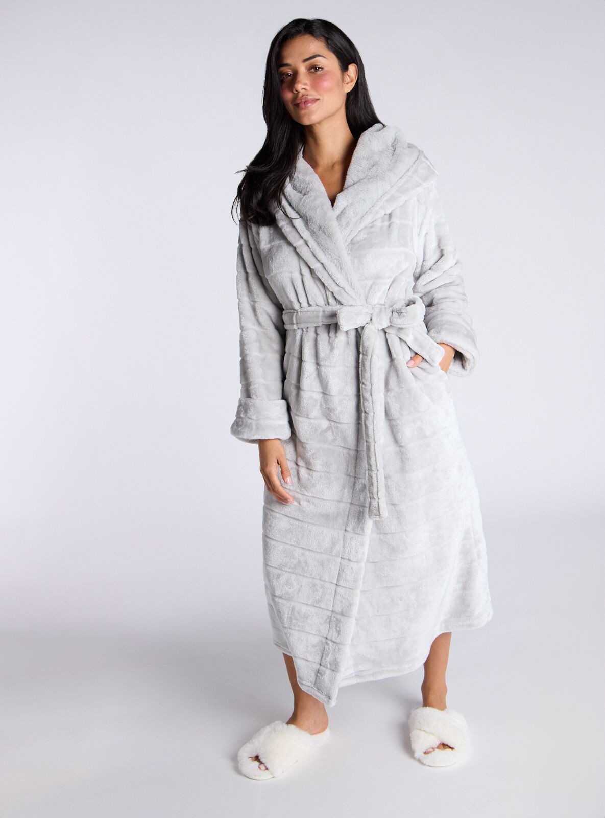Fluffy cut fur long dressing gown - Grey | Boux Avenue (UK)