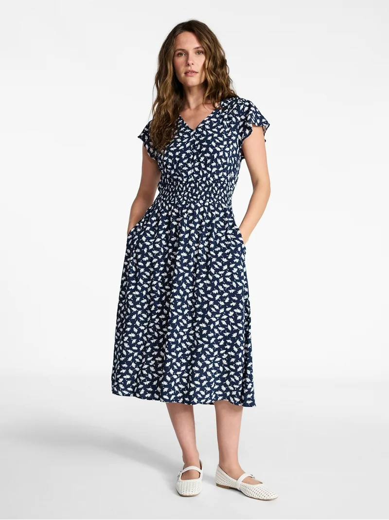 Time and Tru Women’s and Women’s Plus Smocked Waist Midi Dress with Flutter Sleeves, Sizes XS... | Walmart (US)